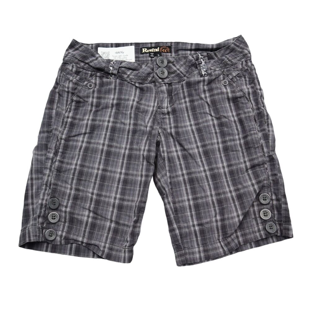 Rewind Shorts Womens 5 Black Plaid Mid Rise 4 Pocket Flat Front Bermuda